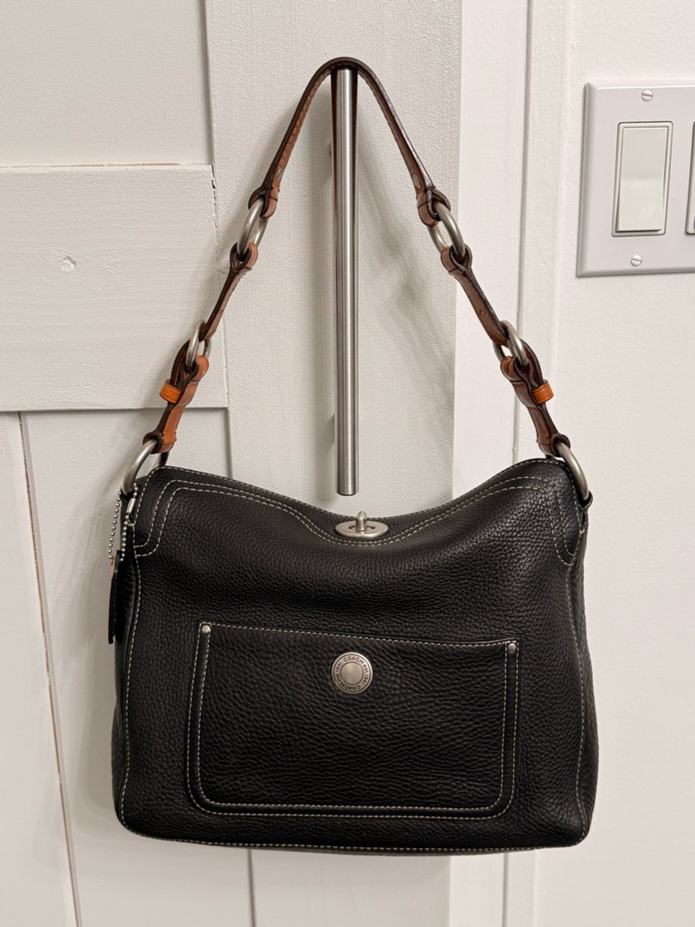 Coach Black Pebbled Leather Shoulder Bag with Brown Strap Accents